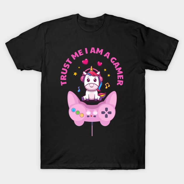 Trust Me I Am A Gamer - Light Pink Unicorn Design With Controller T-Shirt by Double E Design